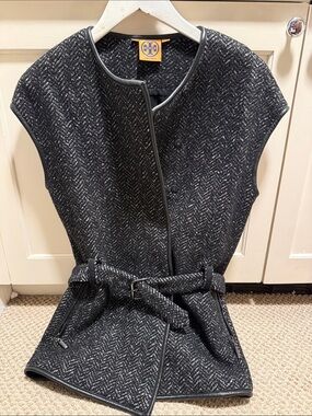 Tory Burch Black Tweed Belted Sleeveless Jacket Dress